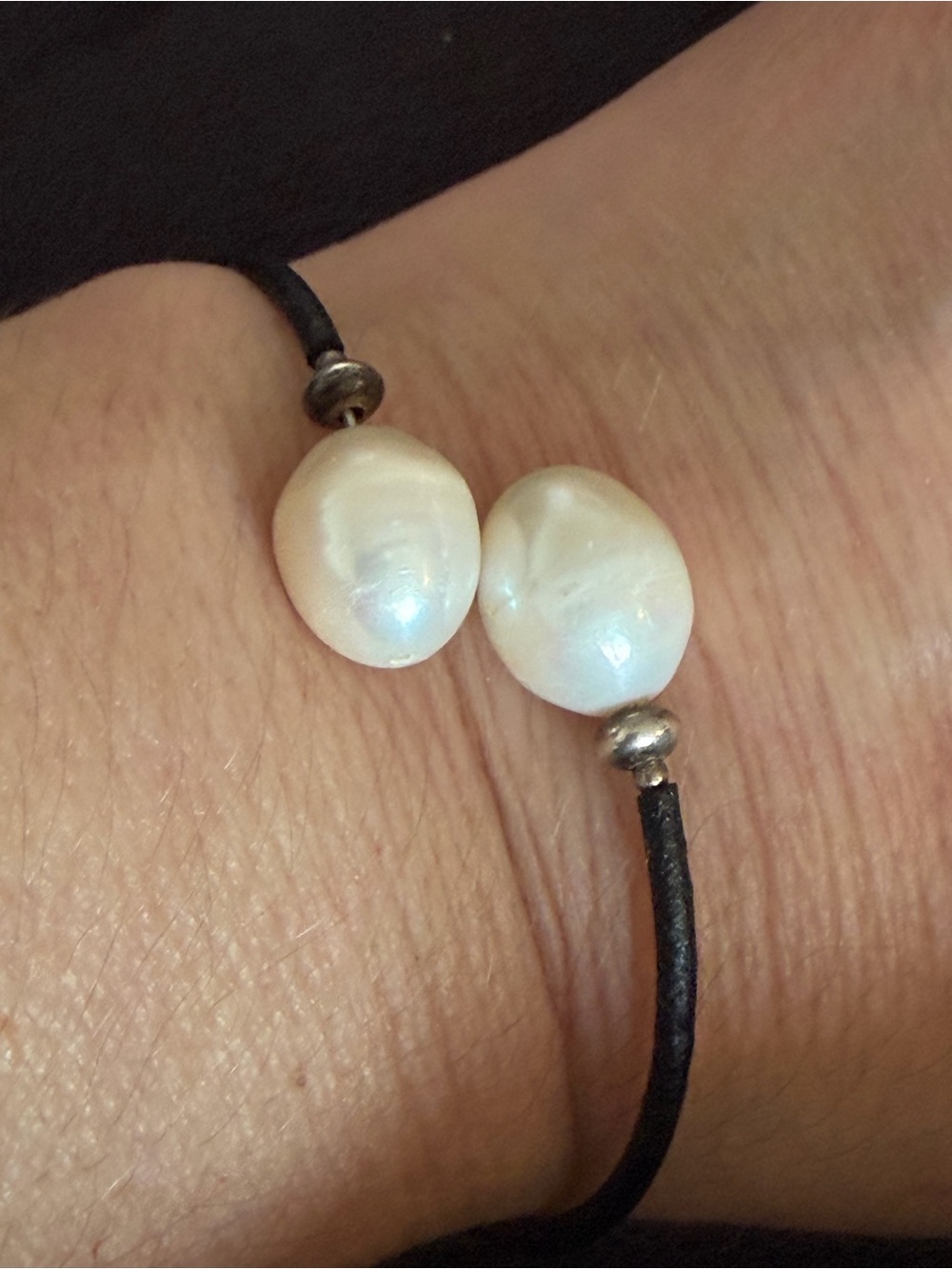 Minimalist Freshwater Pearl Black Leather Cord Bracelet Silver Accents